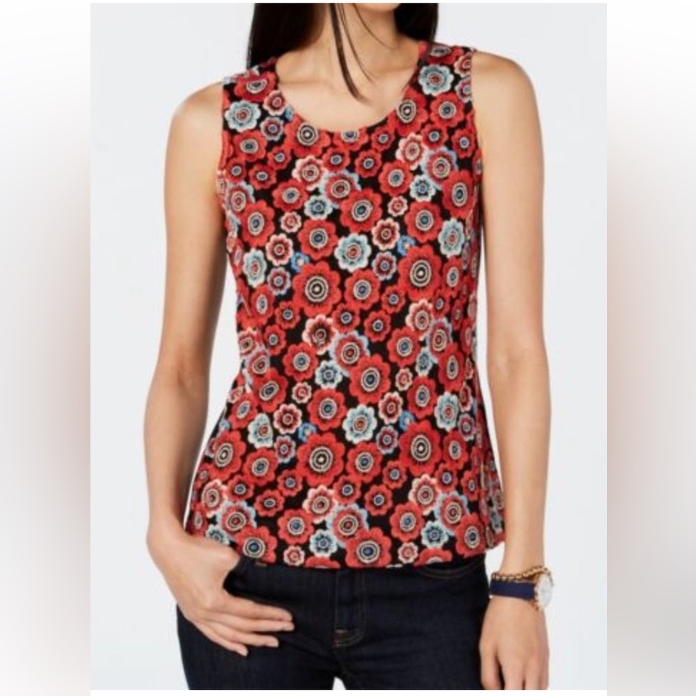 Tommy Hilfiger Women’s Flower Embroidered Shell Top,Size Medium,Red/Black Color